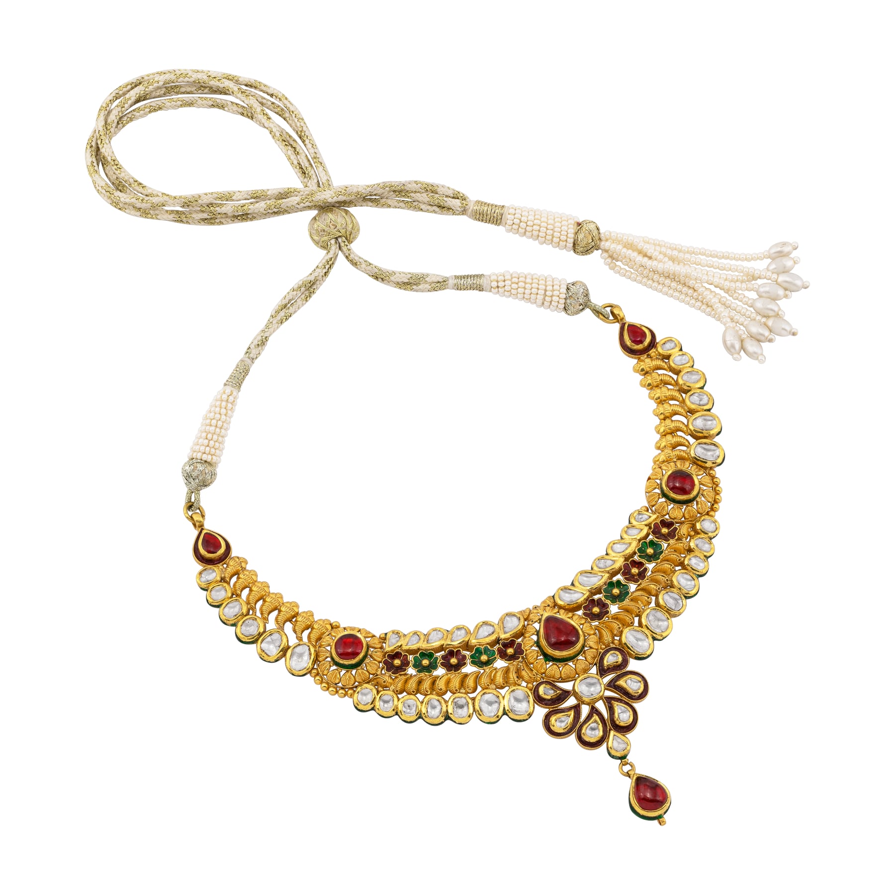 Traditional Necklace with Polki, Red & Green Enamel